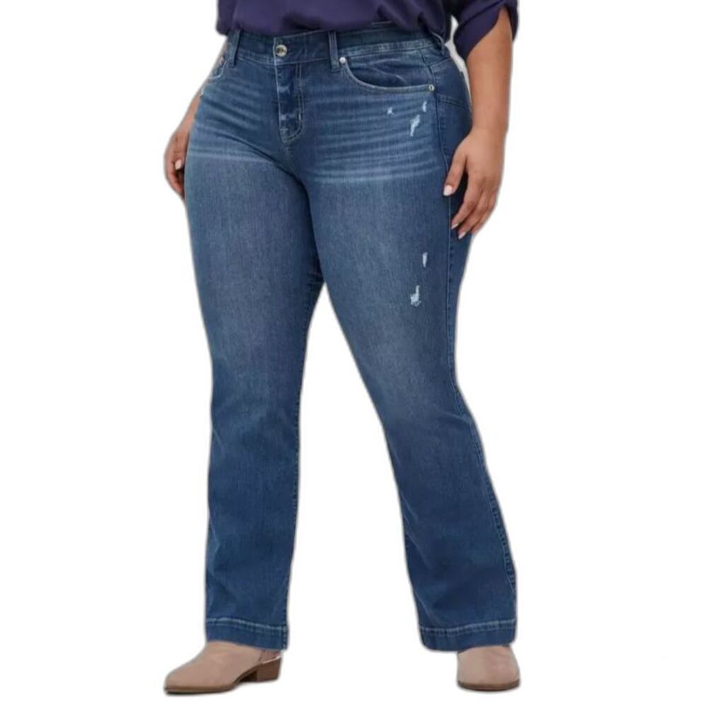 Torrid Women's Blue Denim Distressed High Rise Bombshell Flare Jeans Size 16R